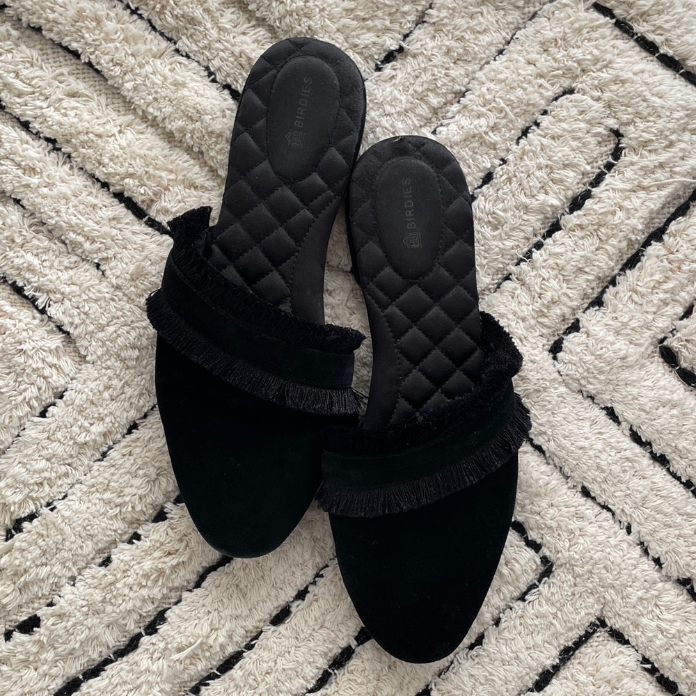 Birdies Black Suede Ani Mule Slide w Fringe